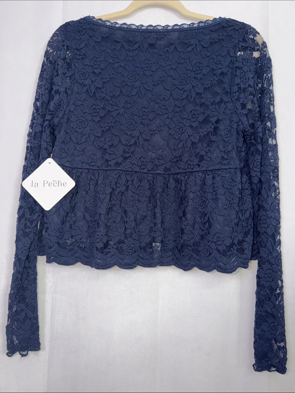 Cropped Navy Floral Lace Long Sleeve Babydoll Sheer Fairy Victorian Peplum Top